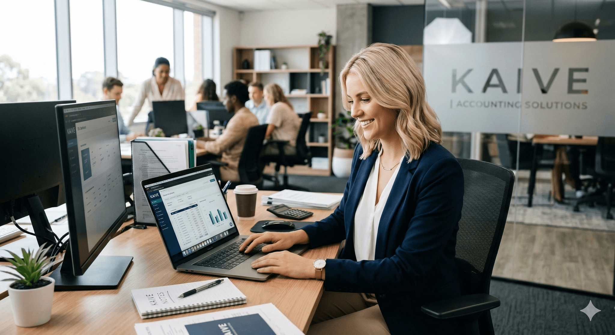 Profissional utilizando a plataforma Kaive em um escritório moderno